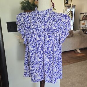 Entro Abstract Blue and White Ruffle Blouse
